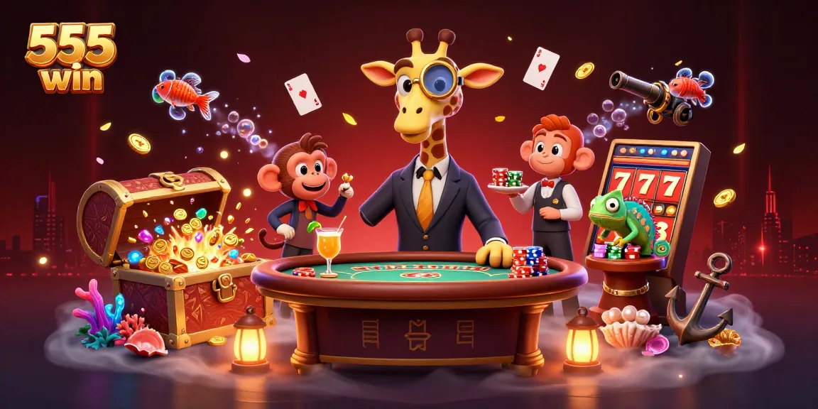 Experience thrilling jackpots at 555 win with a vibrant casino scene featuring unique characters.