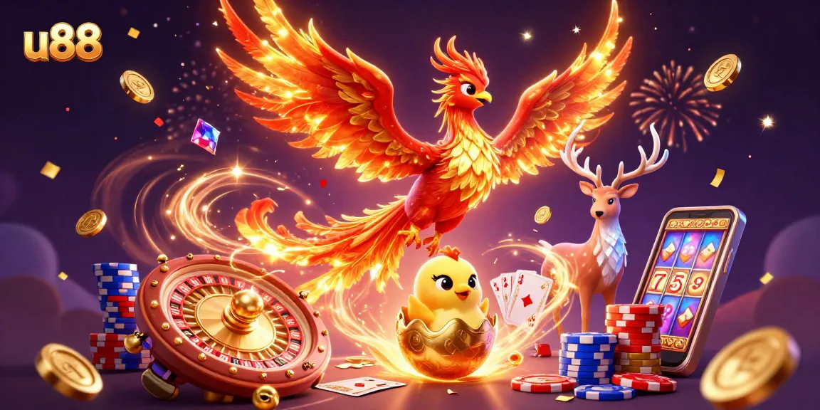 Engage with the vibrant u88 casino world, featuring a majestic phoenix and exciting gaming elements.