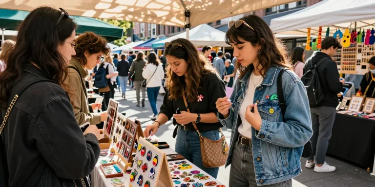 Showcasing custom acrylic pins at a vibrant urban market, highlighting unique designs and personal expression.