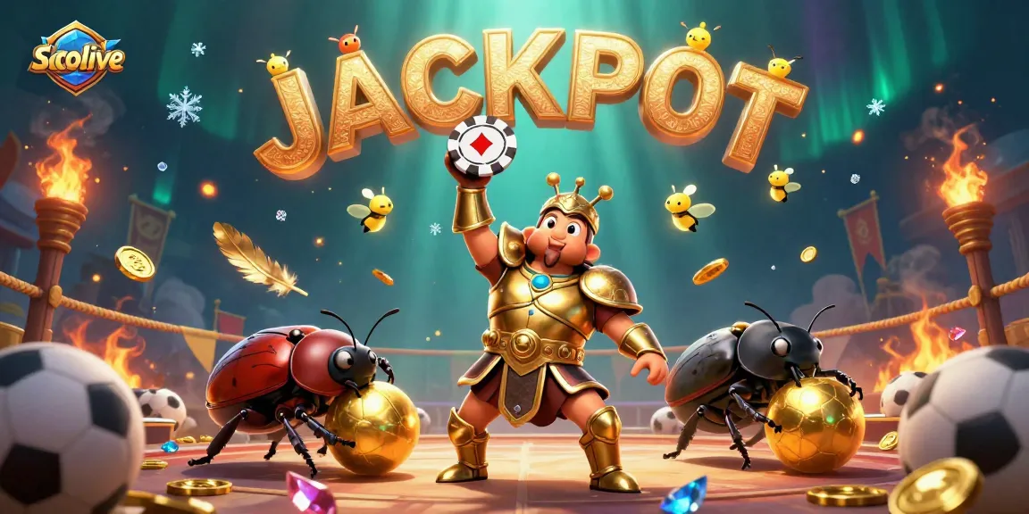 Experience the excitement of Socolive with a 3D herculean beetle celebrating a big win in a vibrant gaming arena.