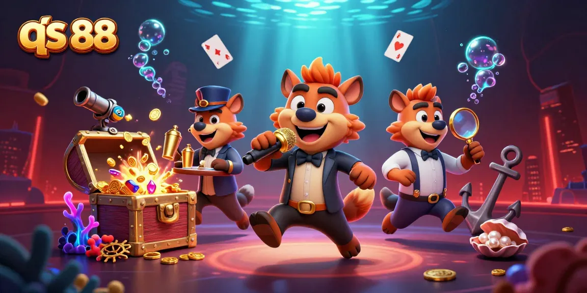 Experience the fun at qs 88 with lively hyena characters in a vibrant casino scene.