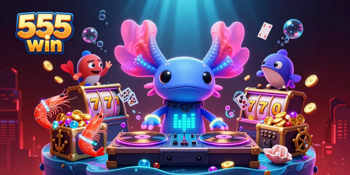 Spin to win big with 555 win in this vibrant underwater casino adventure illustration.