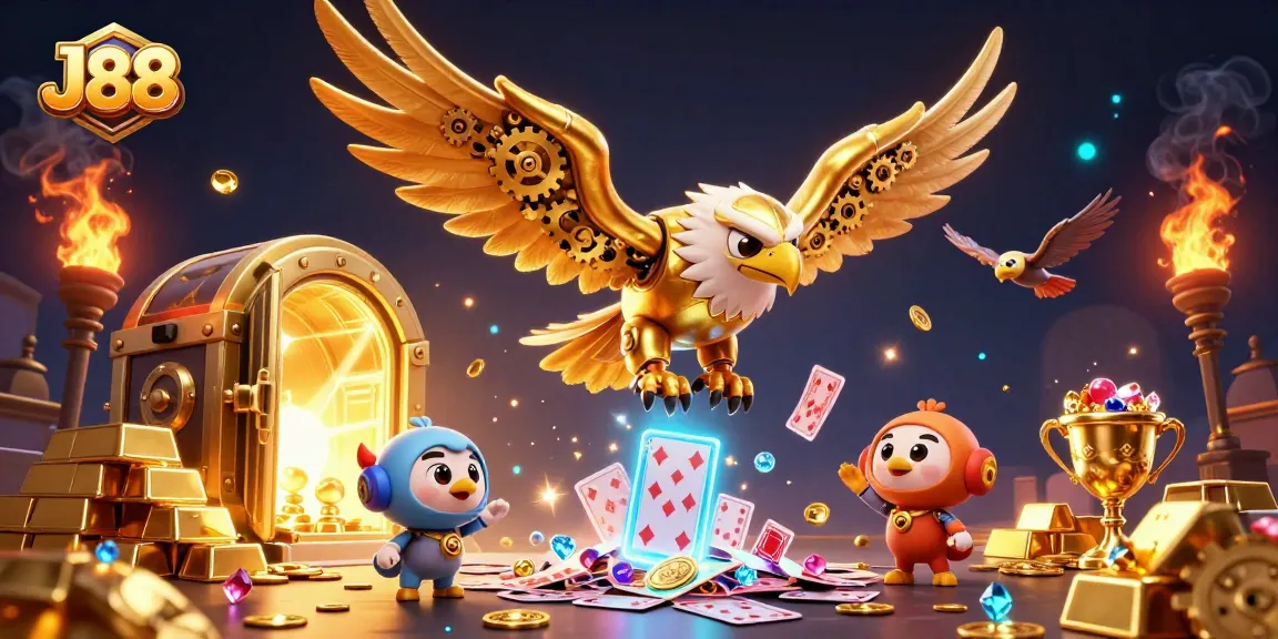 Engage in the thrilling J88 experience amidst a vibrant cascade of holographic playing cards and golden treasures.