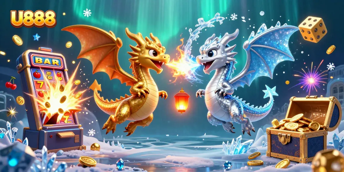 Experience thrilling wins at U888 with 3D dragons soaring over jackpots and vibrant casino elements.