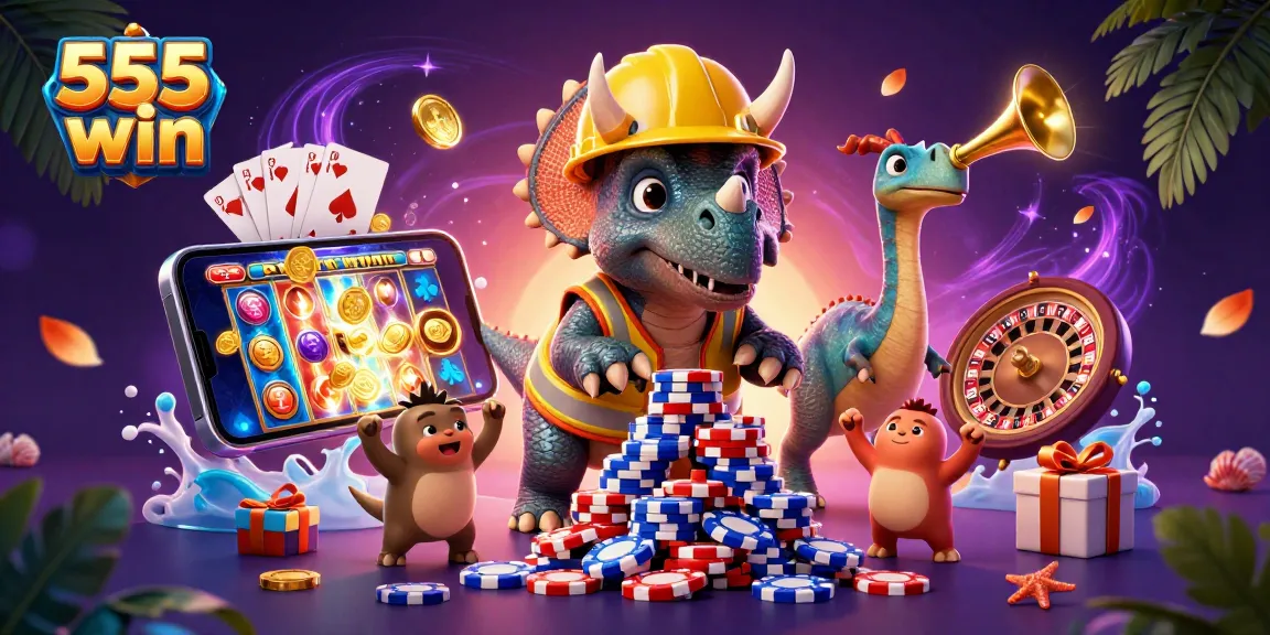 Engage with 555 win slots game, celebrating with vibrant characters and exciting game elements.