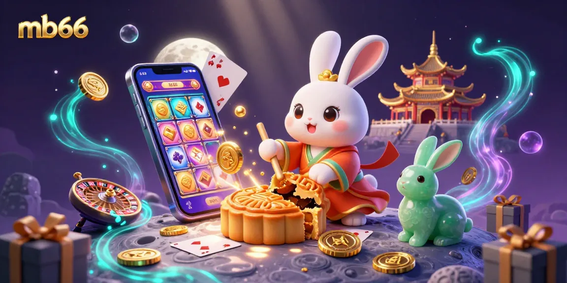 Experience the thrill of mb66 with a playful moon rabbit revealing poker chips on the lunar surface.