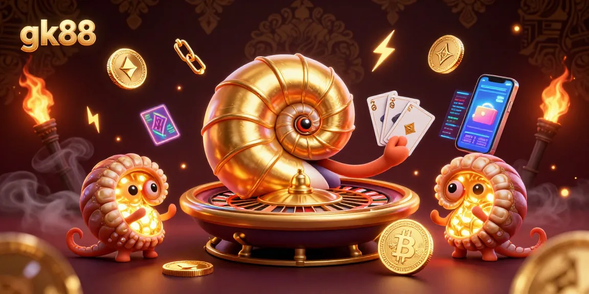 Engage with gk88's vibrant 3D casino scene featuring a giant nautilus and glowing crypto elements.