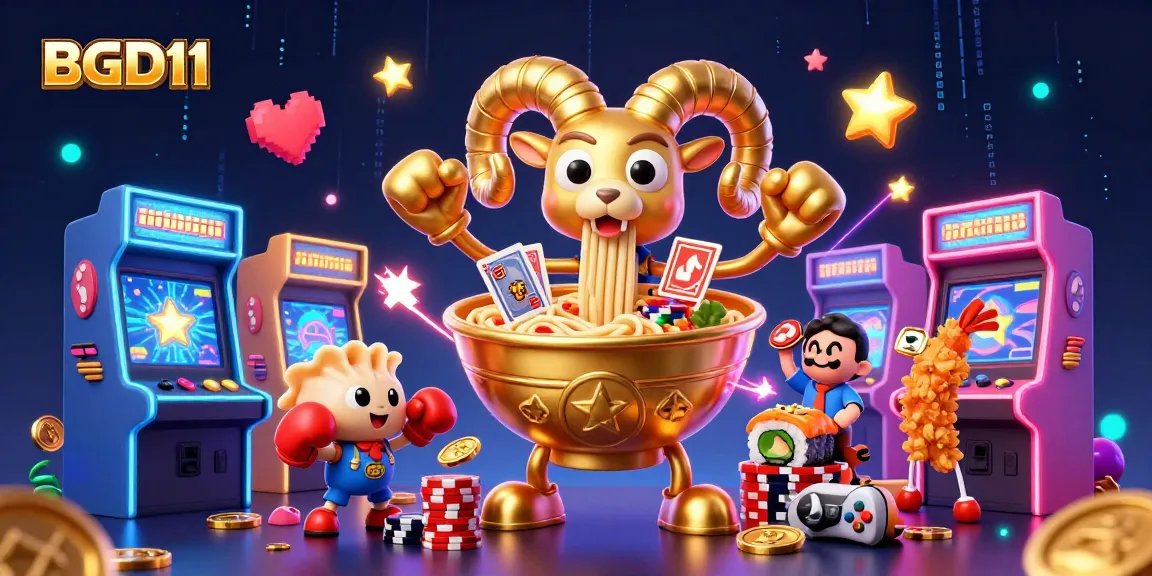 BGD11 features a vibrant 3D illustration of a cartoon ramen bowl dealer amidst exciting casino elements.
