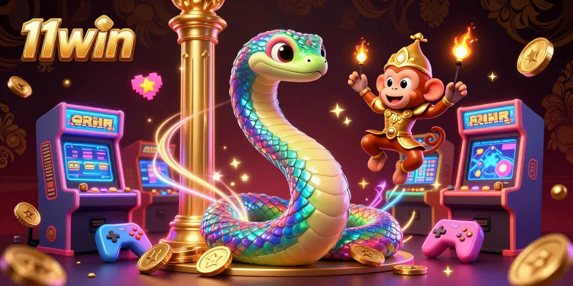 Engage with 11win's vibrant casino world, featuring a rainbow serpent and monkey king in a lively gaming scene.