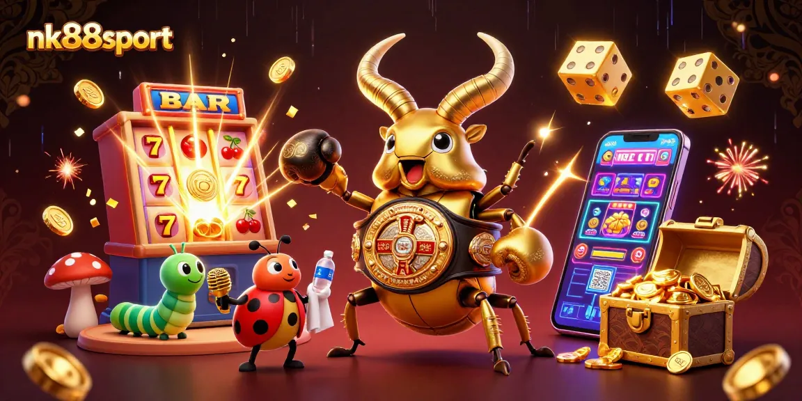 Players revel in exciting jackpots at nk88sport, showcasing vibrant casino gaming with golden coins and dynamic characters.
