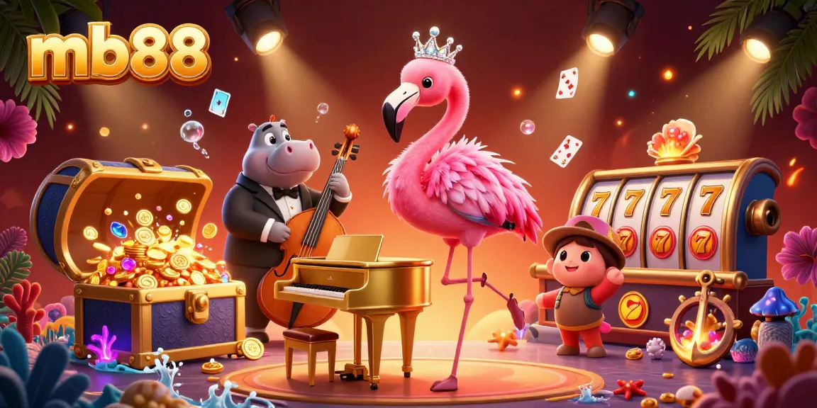 Experience excitement with mb88 as a flamingo singer and hippo bassist perform amid colorful gaming elements.