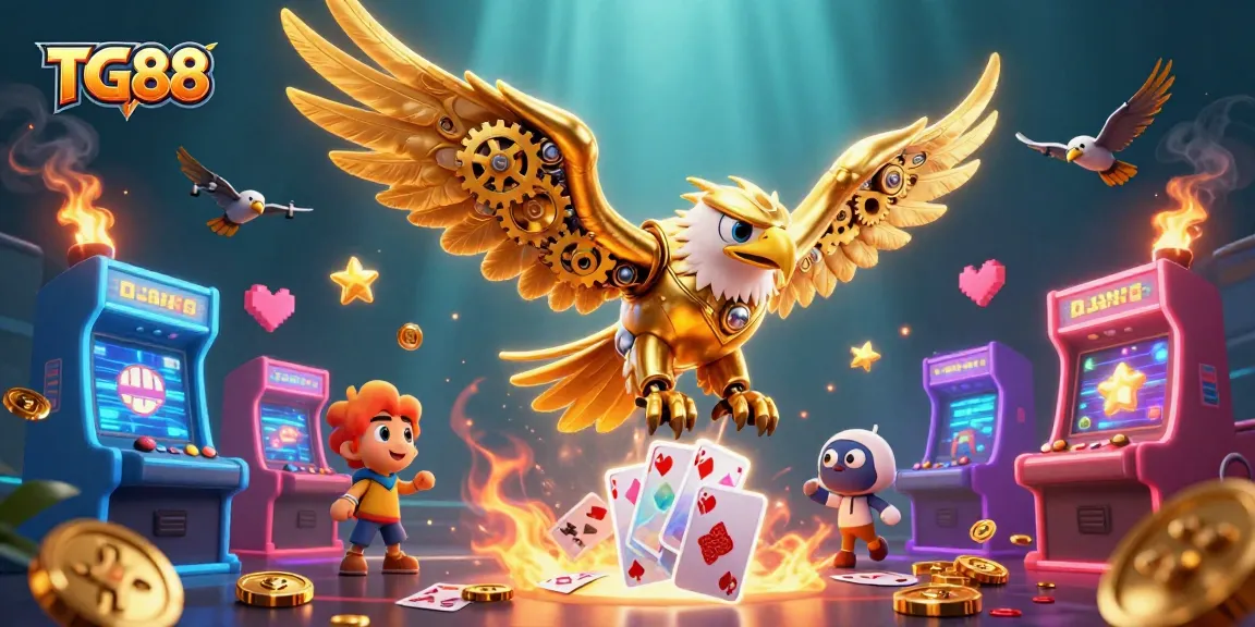 Experience TG88 with a captivating 3D illustration of a golden eagle amidst vibrant casino game elements.