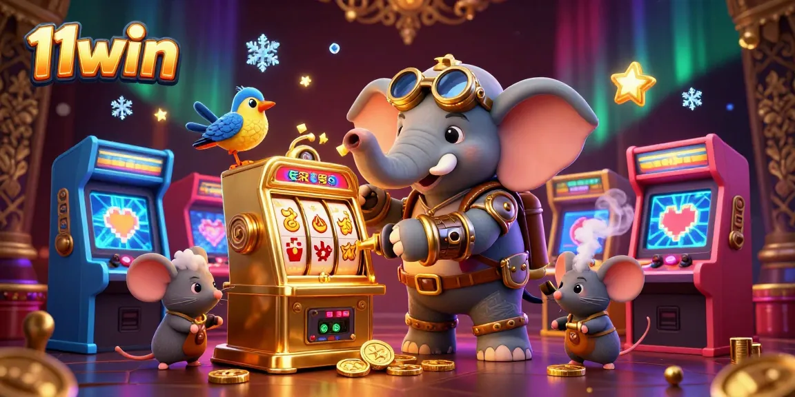 Engage with the 11win universe in this vibrant illustration showcasing a steampunk elephant at a golden slot machine.