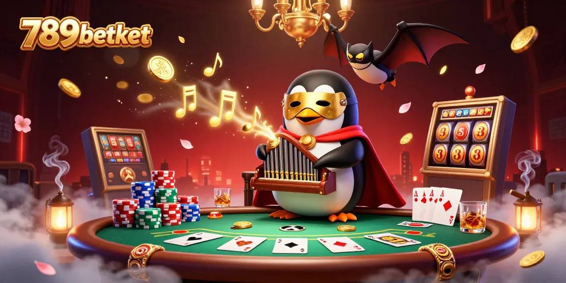 Experience the thrill at 789betket with a vibrant casino scene featuring a playing penguin and exciting poker elements.