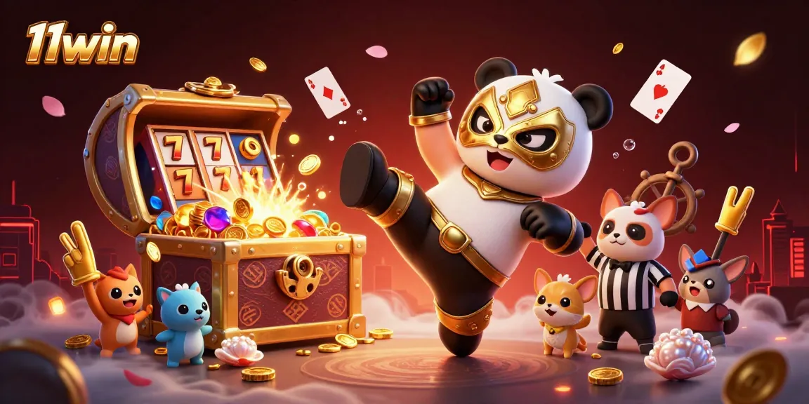 Experience 11win's vibrant slot gameplay with a panda wrestler kicking above colorful gems.