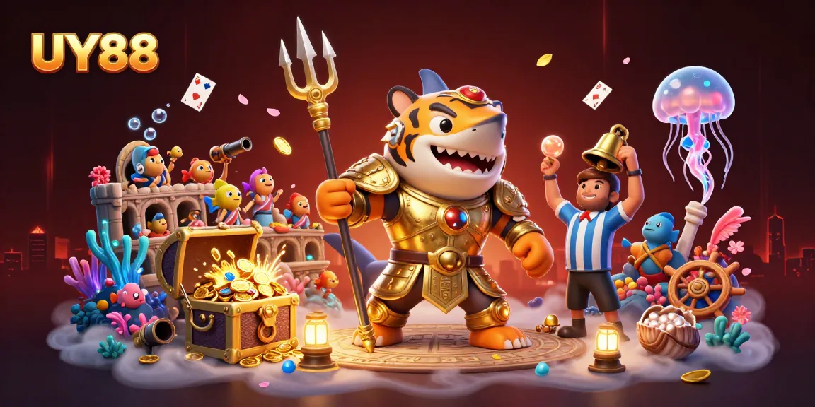 Experience the excitement of UY88 with a dynamic underwater casino scene featuring a tiger shark in gladiator armor.