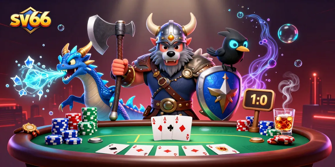 Engage in thrilling poker at sv66 with a dynamic Viking wolf warrior, fierce dragon, and poker elements.