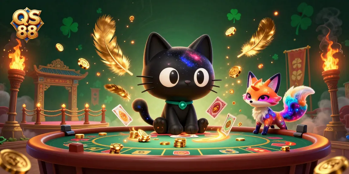 Engage with QS 88's immersive casino world featuring a cartoon cat and vibrant cosmic elements.