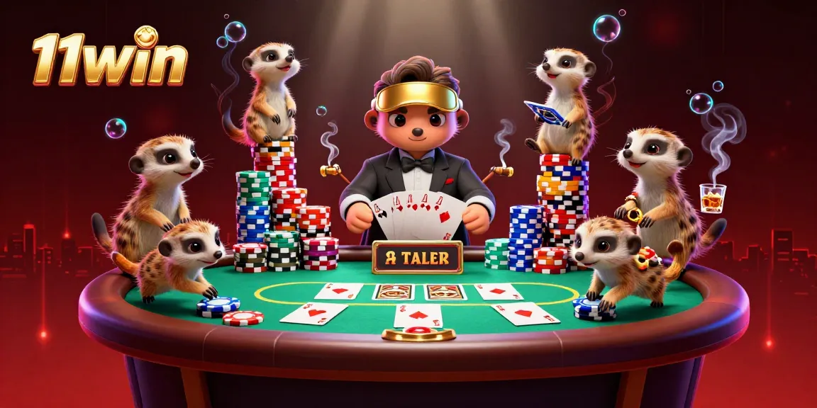 Engage in thrilling poker action with 11win's lively meerkat casino characters in an enchanting 3D scene.