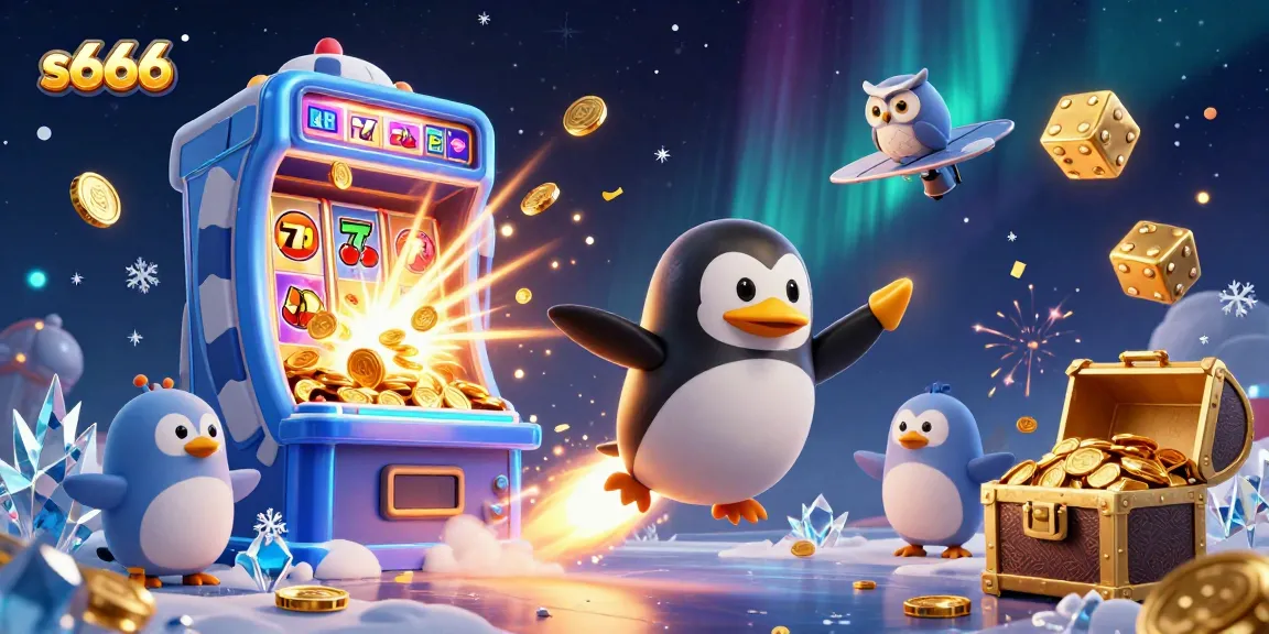 S666 penguin flying towards a casino space station while coins burst from a slot machine, creating a vibrant scene