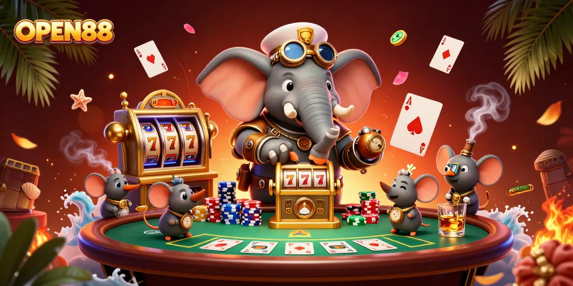 OPEN88 offers vibrant 3D scenes showcasing a whimsical steampunk casino atmosphere with engaging game elements.