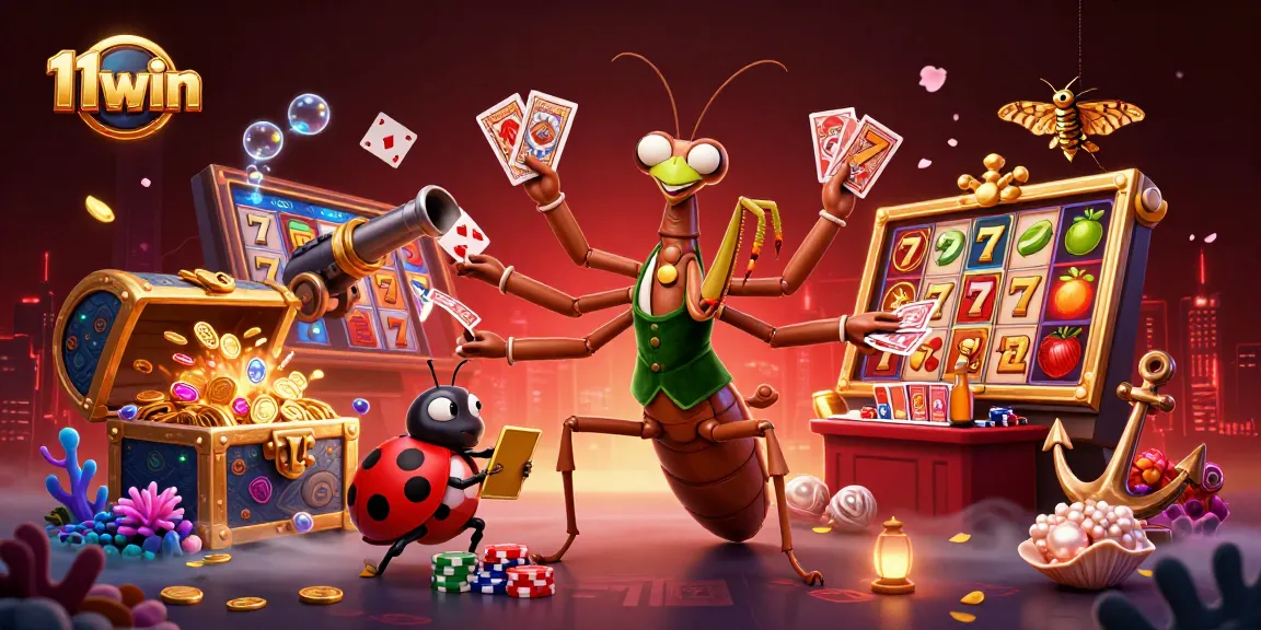 Engage with 11win's vibrant slot gaming scene featuring a cartoon mantis dealer and colorful treasure.