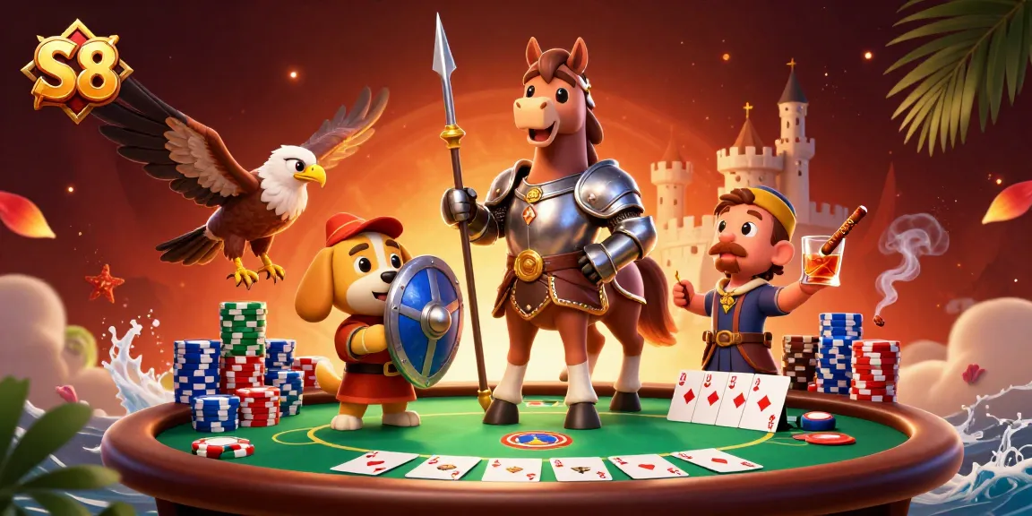 S8 players engaging at a vibrant poker table with colorful chips and lively characters