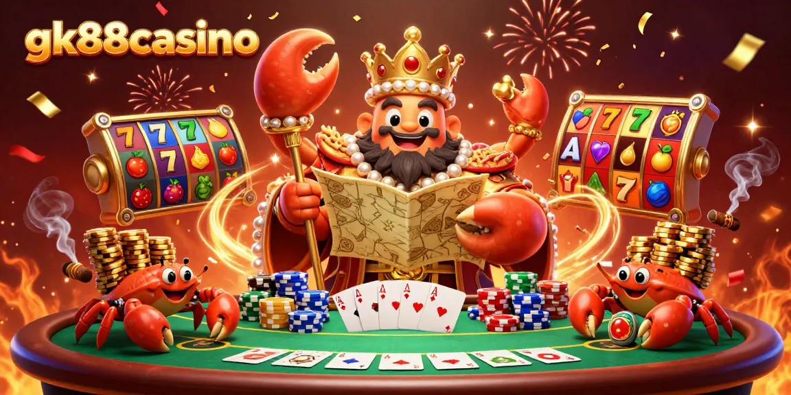 Experience thrilling games at gk88casino with the majestic golden crab emperor amidst exciting slot elements.