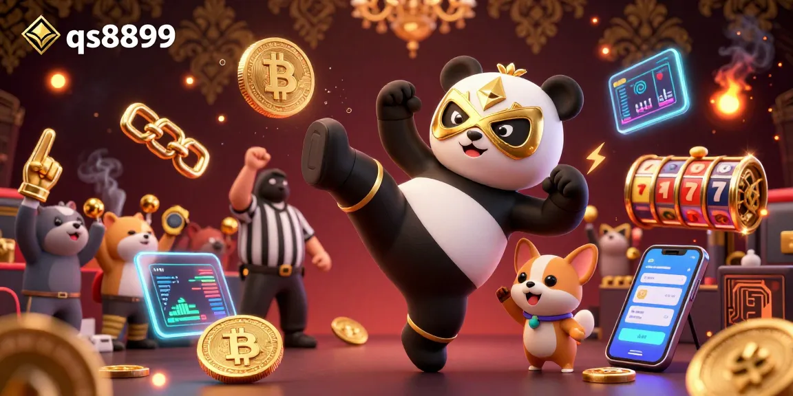 Experience thrilling gaming at qs8899 with a vibrant 3D scene showcasing a panda wrestler's flying kick and crypto elements.