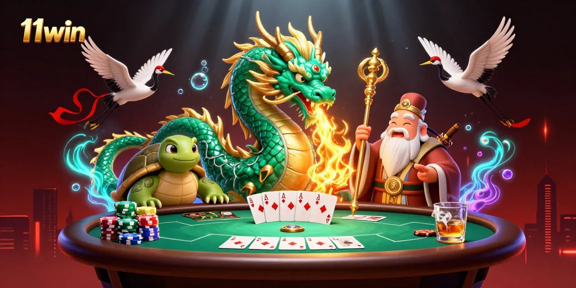 Engage with 11win's exciting casino scene featuring a dragon, turtle sage, and poker elements.