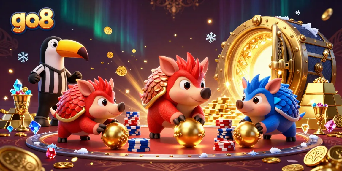 Engage in thrilling action at go8 with vibrant pangolins bowling through stacks of poker chips.