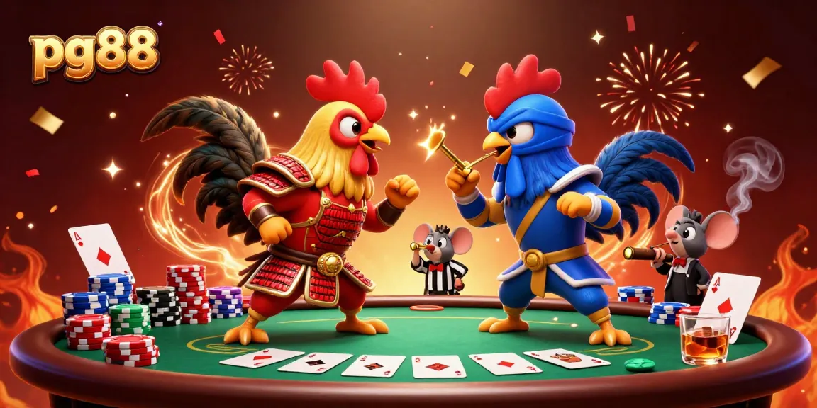 Engaging scene featuring pg88's colorful fighting roosters in action at a dynamic poker setting.