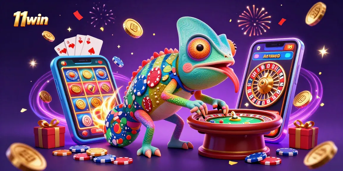 Engage with 11win's thrilling casino experience with a vibrant chameleon and dynamic gaming elements.