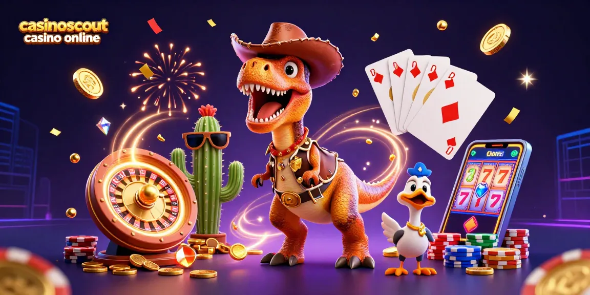 Experience excitement with casinoscout casino online, featuring a playful T-Rex and casino treasures.
